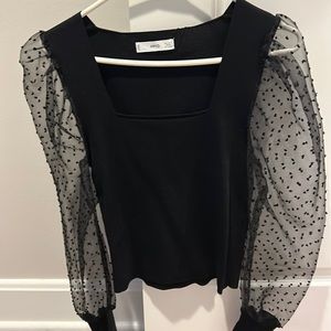 Mango black top with sheer sleeves